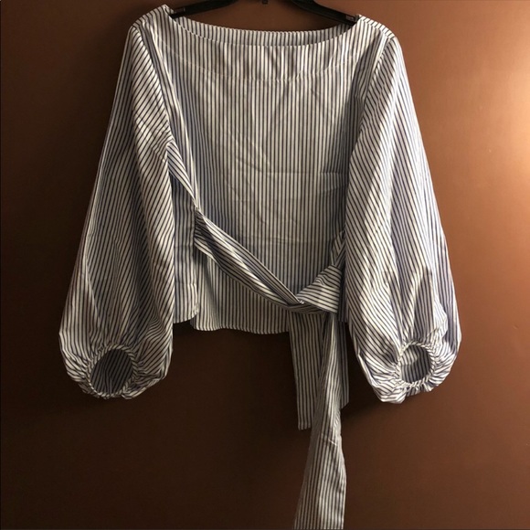 Bow belted Exaggerated Lantern Sleeve striped top - Picture 3 of 5